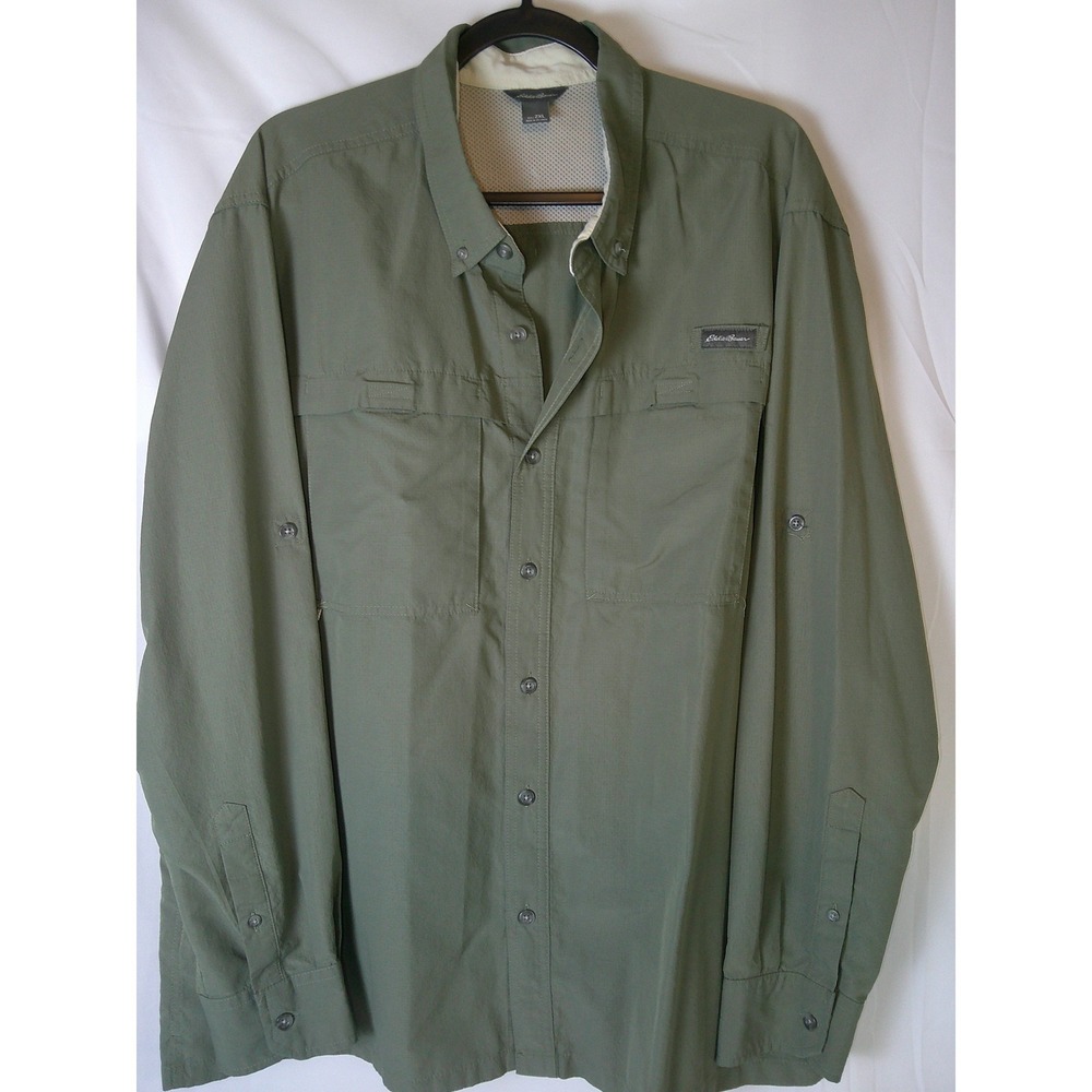 Eddie Bauer Long Sleeve Utility Shirt Khaki Green Mens 2XL Button Up Outdoor